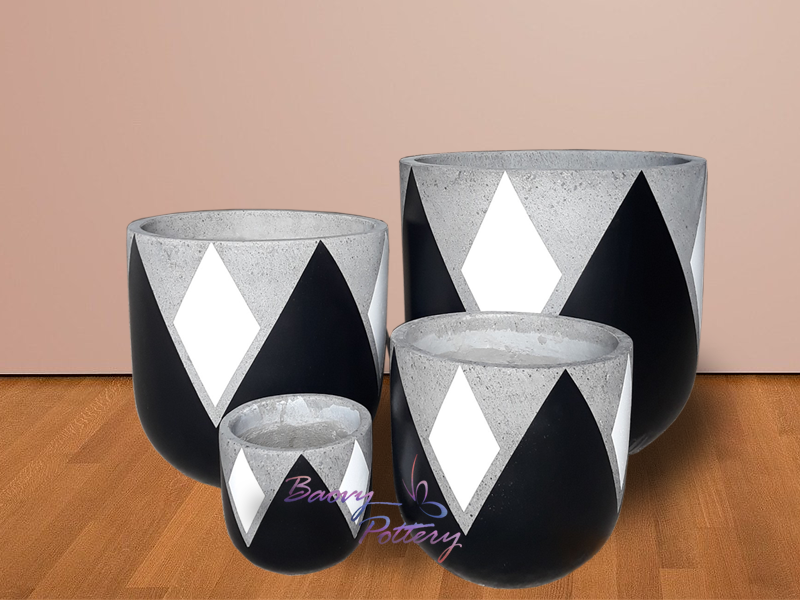 Painted Concrete Pots - White/Black Rhombus